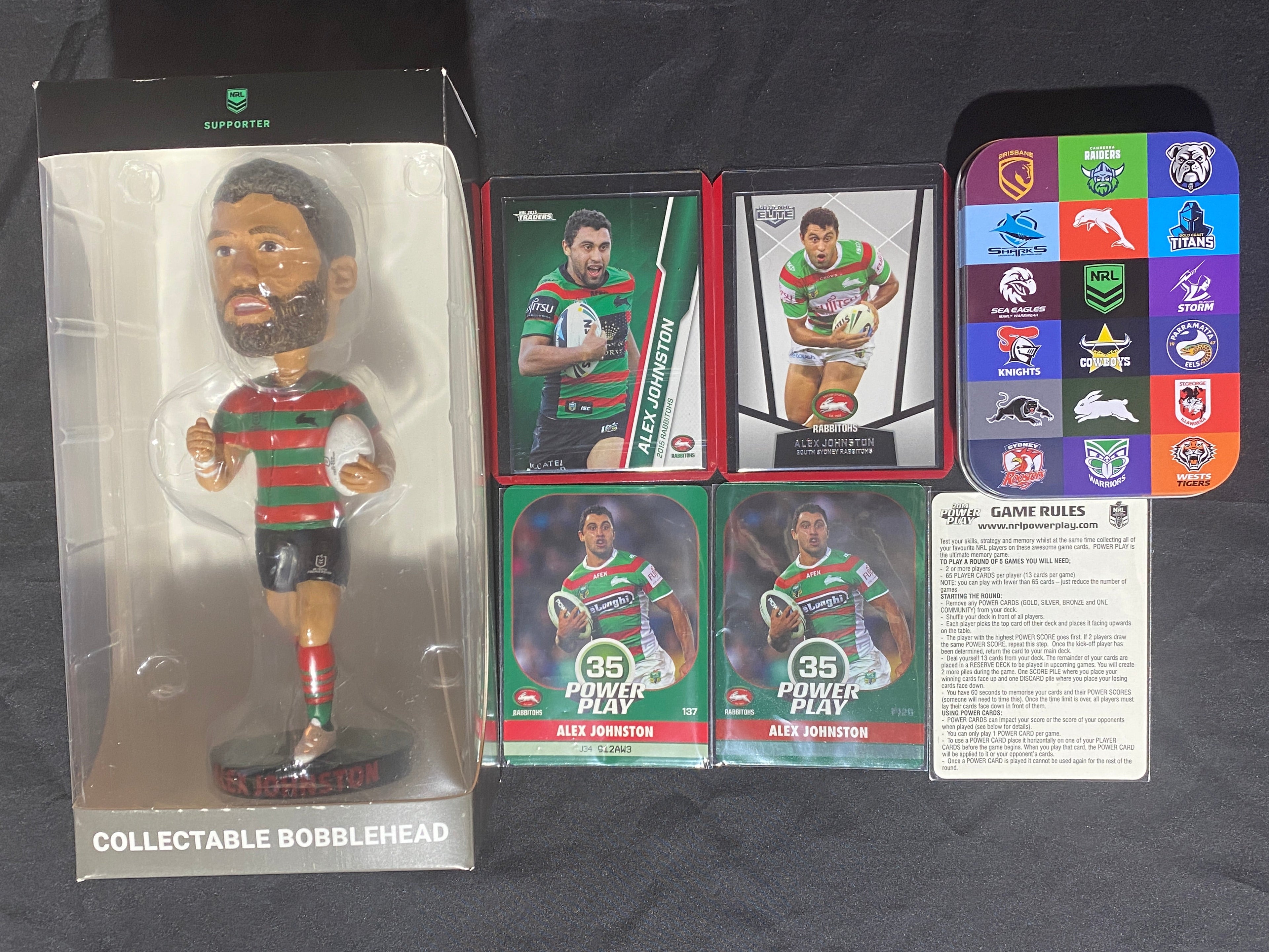 Alex Johnston 2015 NRL Traders, Elite, Power Play Base & Power Play P126 Rookie Card & Bobblehead Bundle