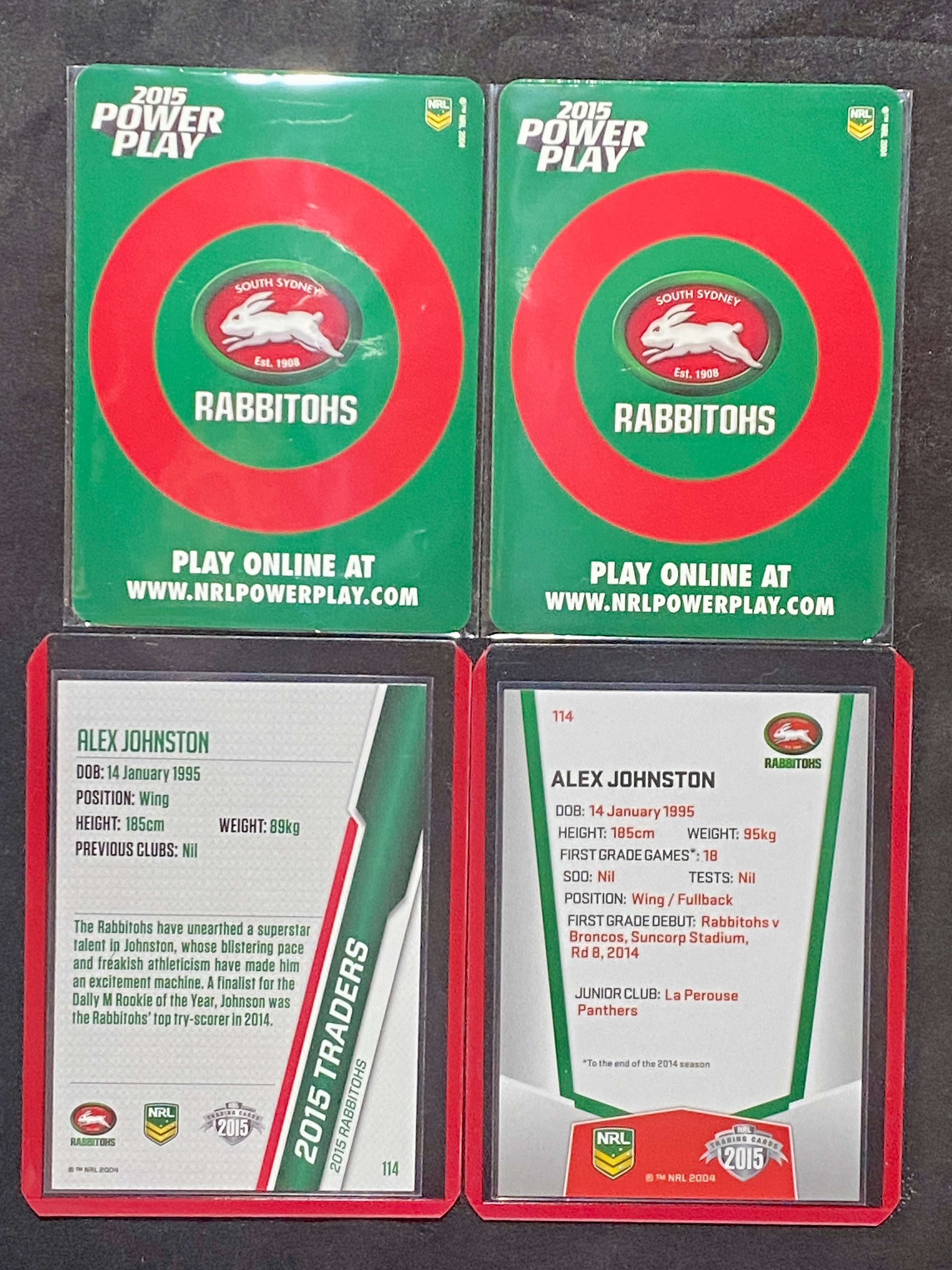 Alex Johnston 2015 NRL Traders, Elite, Power Play Base & Power Play P126 Rookie Card & Bobblehead Bundle